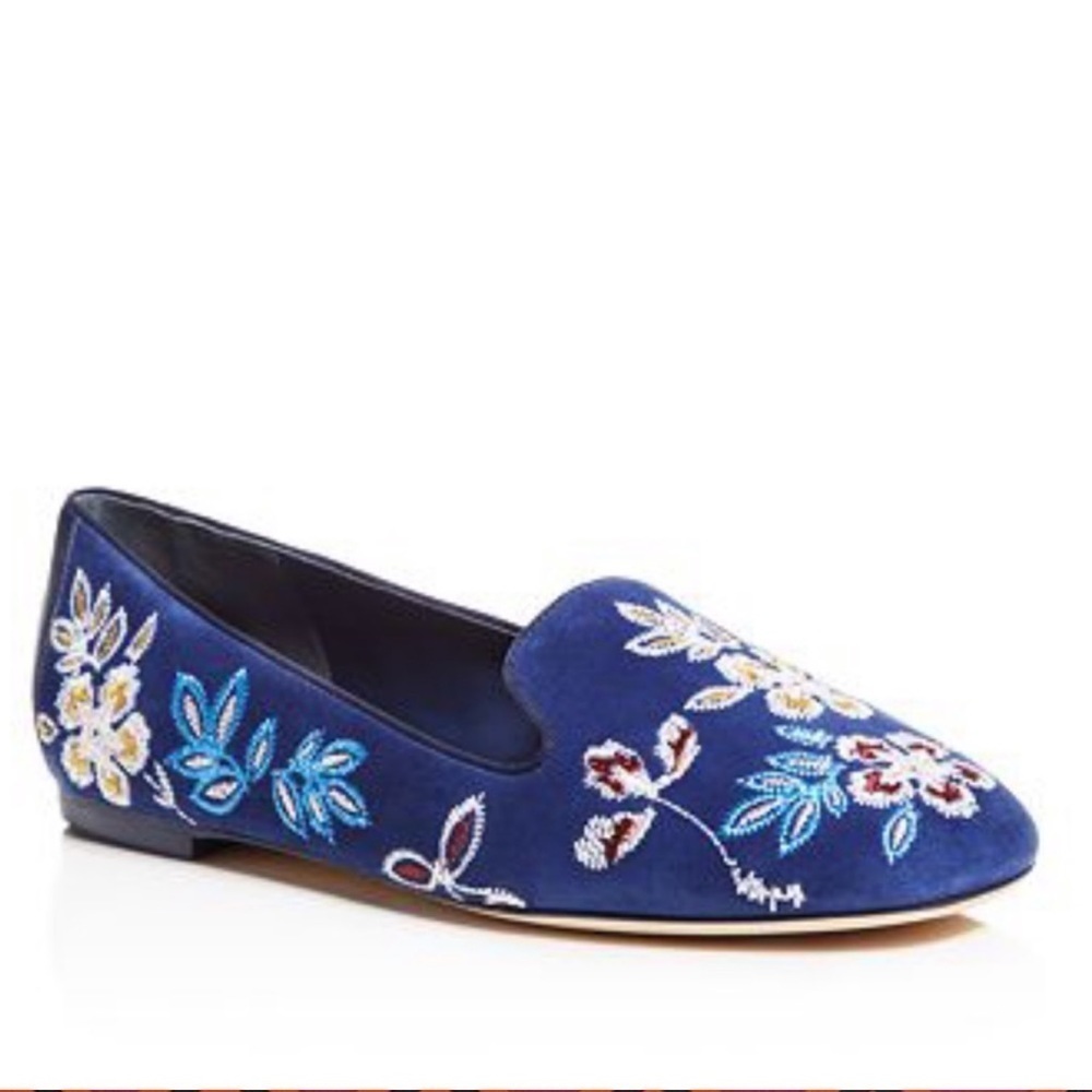 Tory Burch 
EMBROIDERED SMOKING flats
COLOR:Navy Size 8